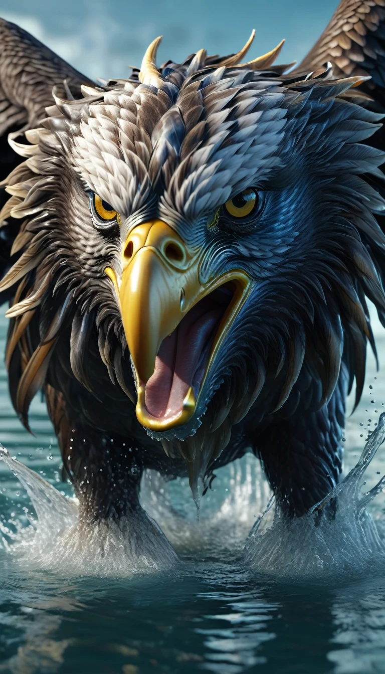 There is a beast in the water,Looks like an eagle,The best quality of horns on the head,4K,8K,High level,masterpiece:1.2),Ultra Detailed,(lifelike,Photo real,Photo real:1.37),Highly detailed animals,Complex patterns,Realistic lighting,Fantasy Creatures