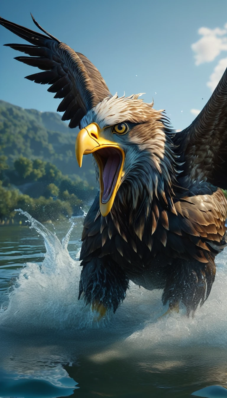There is a beast in the water，Looks like an eagle，The best quality of horns on the head，4K，8K，High level，masterpiece：1.2），Ultra Detailed，（lifelike，Photo real，Photo real：1.37），Highly detailed animals，Complex patterns，Realistic lighting，Fantasy Creatures