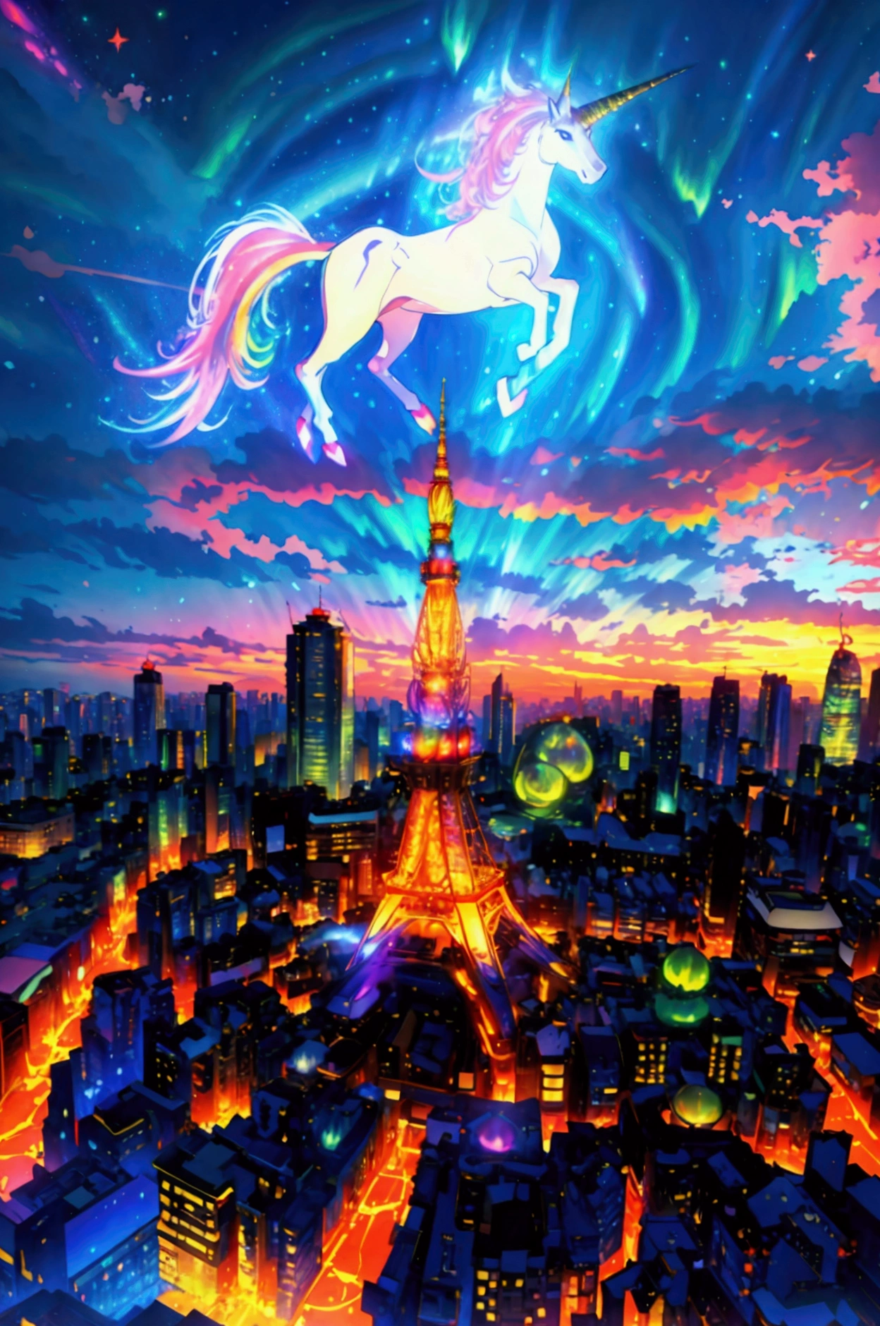 photorealistic , night scene of Tokyo Tower, shot by a drone in 2K quality using Starvis technology. The detailed and realistic cityscape sparkles with vivid lights. The sky is filled with dynamic, vibrant auroras, and a majestic, intricately detailed unicorn gracefully gallops through the air, adding a fantastical touch to the scene. The colors and contrast are enhanced to create a more vivid and beautiful image.