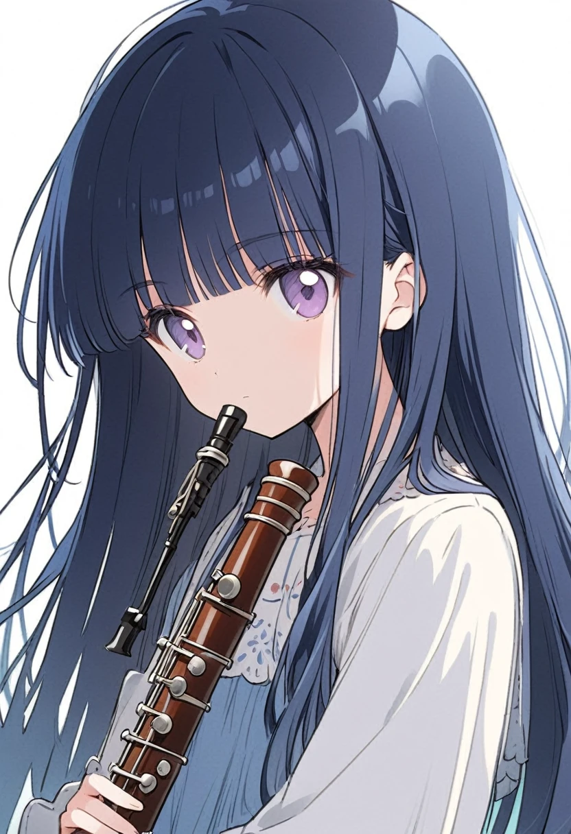 Blue Hair、Long Hair、Straight Hair、Neat bangs、(/Yorozuka Mizore\)、animeキャラクター、anime、She is playing a beautifully shaped oboe.、girl、Expressionless、White background