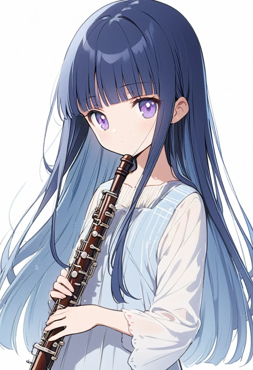 Blue Hair、Long Hair、Straight Hair、Neat bangs、(/Yorozuka Mizore\)、animeキャラクター、anime、She is playing a beautifully shaped oboe.、girl、Expressionless、White background