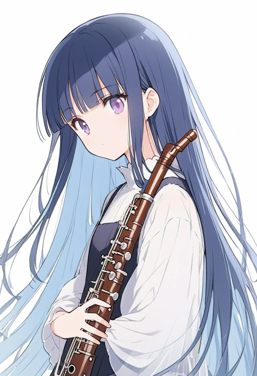 Blue Hair、Long Hair、Straight Hair、Neat bangs、(/Yorozuka Mizore\)、animeキャラクター、anime、She is playing a beautifully shaped oboe.、girl、Expressionless、White background