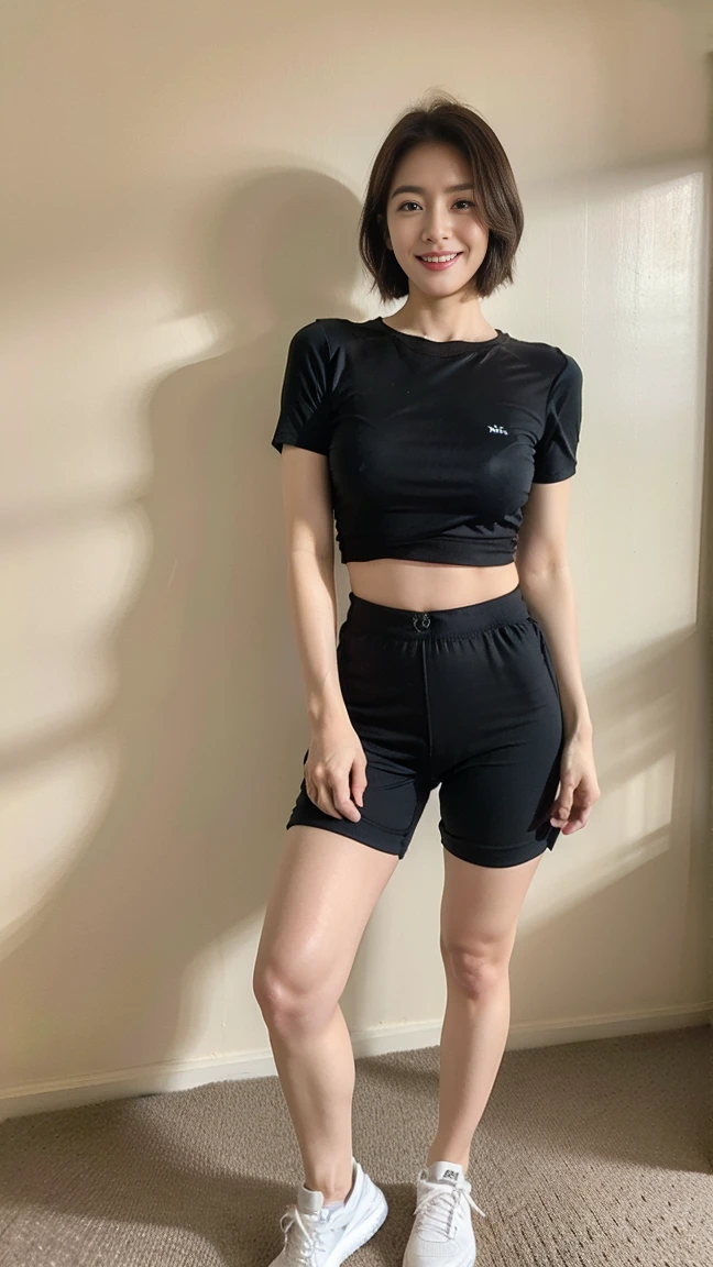 ((highest quality)), ((8k)), ((masterpiece: 1.3)), (Perfect appearance), (Photorealism: 1.6), (Walking woman), (One-way crosswalk), (office Street), Japanese Mature, 58 years old, ((Realistic skin texture)), (Fine lines all over the skin: 1.3), (Dull skin: 1.1), (Moisturized Skin: 1.2) , (Facial wrinkles: 0.9), (Wrinkles around the eyes: 1.2), double eyelid, Lower eyelid tear trough, (Crying Mole: 0.9), Eyes on you, Serious look, (Dimples: 1.2), Short bangs, Messy Hair, Hair with curled tips, Laugh with the corners of your mouth turned up, BREAK(Black short-sleeved T-shirt: 1.4),BREAK (Plain T-shirt: 1.4), (Body-fitting T-shirt: 1.6), (Black Army Pants: 1.4), Sneakers, (whole body: 1.4),