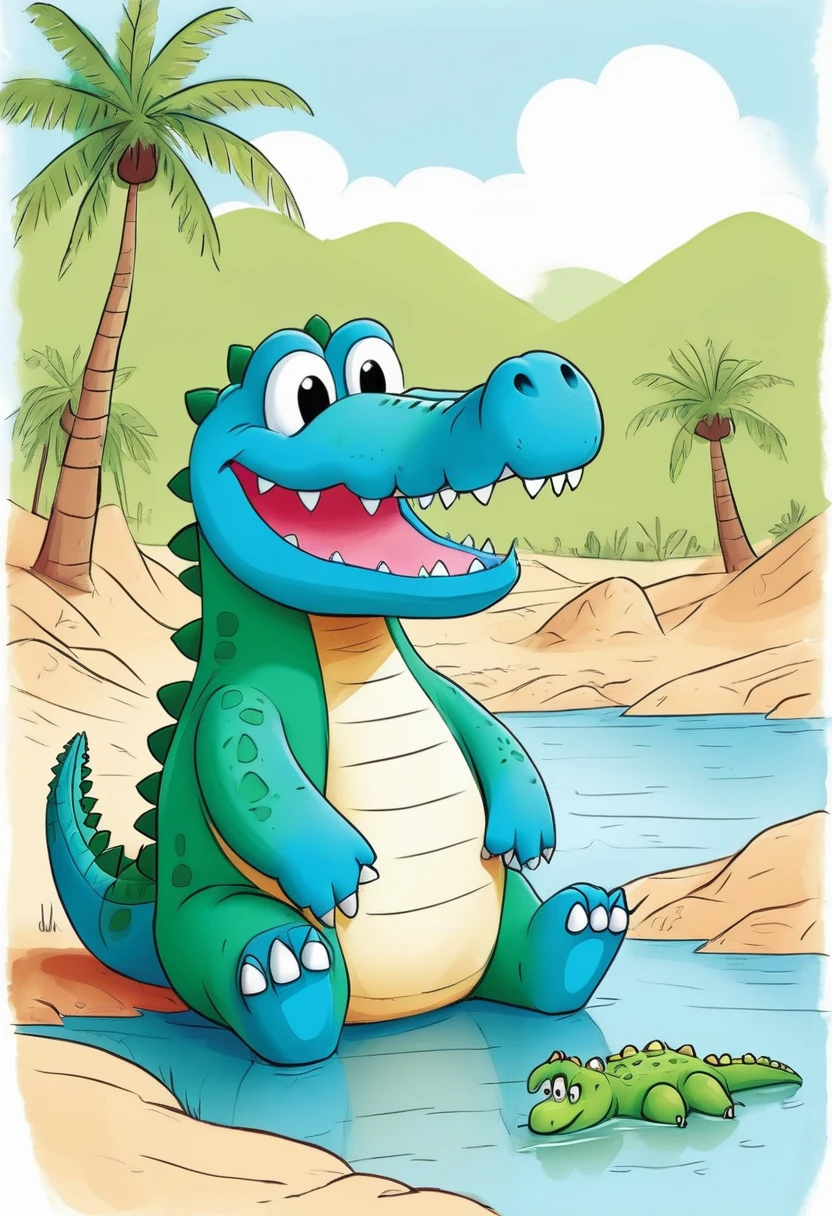 rubbish, Children's Drawings, one crocodile, cute, (fluffy), (stuffed), blue, smiling, landscape, swim, White background,