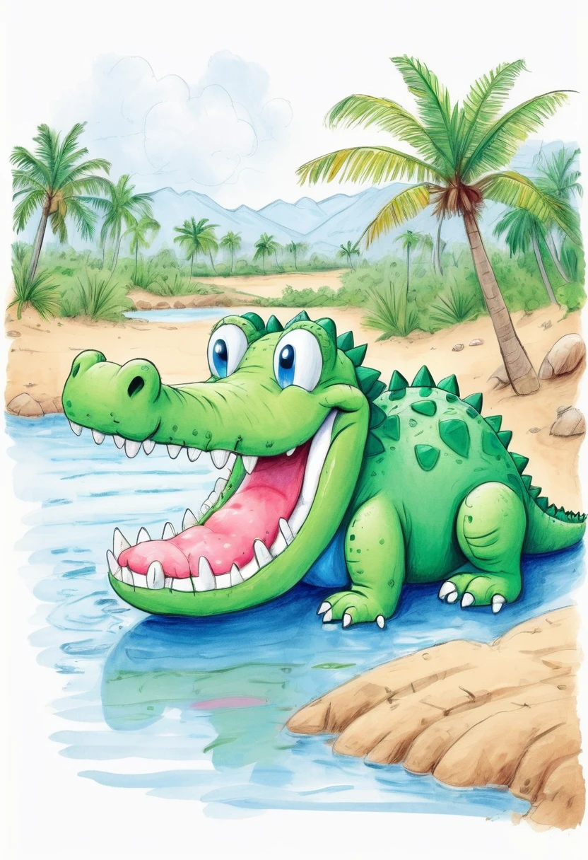 rubbish, Children's Drawings, one crocodile, cute, (fluffy), (stuffed), blue, smiling, landscape, swim, White background,