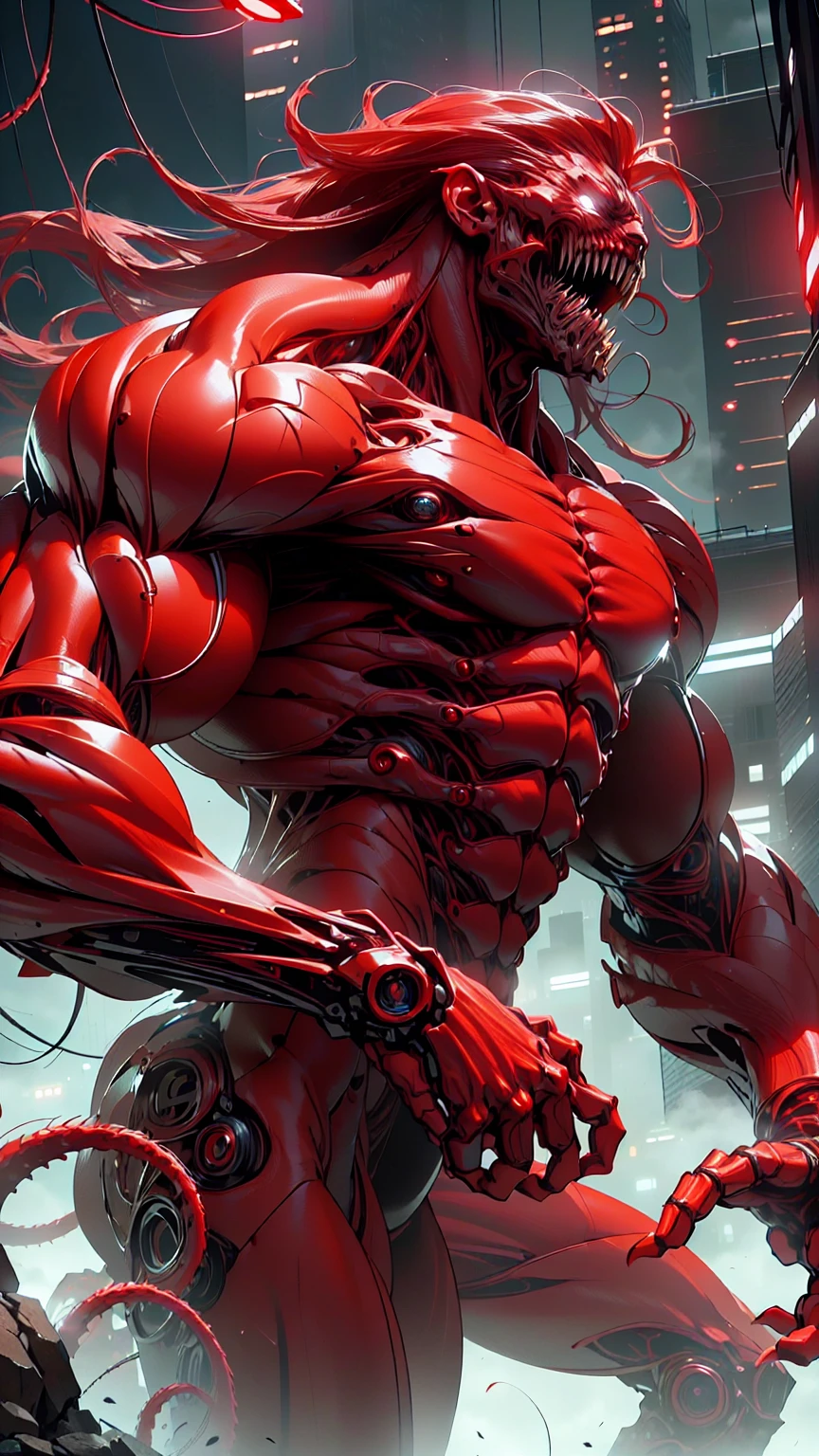 (beautiful girl:1.25), (megan fox:1.25), (young bodybuilder girl wearing cybernetic muscle suit:1.25), carnage muscular physique, seductive face, mouth wide open carnage style, long red hair, perfect muscular body, super skinny legs, sissy, femboy, (carnage style physique)