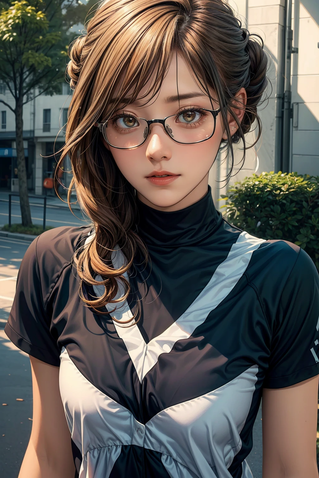 1girl, blonde updo hair, glasses, white loose shirt, mini pants, sport shoes, smiling, full body, park, (best quality,4k,8k,highres,masterpiece:1.2),ultra-detailed,(realistic,photorealistic,photo-realistic:1.37),detailed eyes,detailed lips,extremely detailed face,long eyelashes,beautiful,illustration,digital painting,cinematic lighting,vivid colors,warm color tones