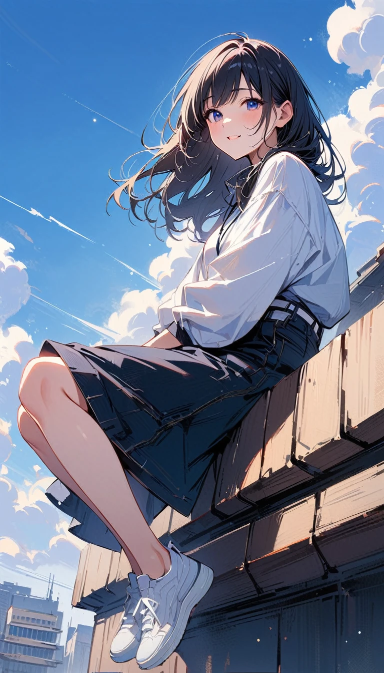 (masterpiece, best quality:1.2), 1 very beautiful girl, alone, Happy expression while sitting on a railing on the roof of a very tall building and looking up at the camera, whole body, Beauty of blue sky full of white clouds, simple background, Nizi 5,