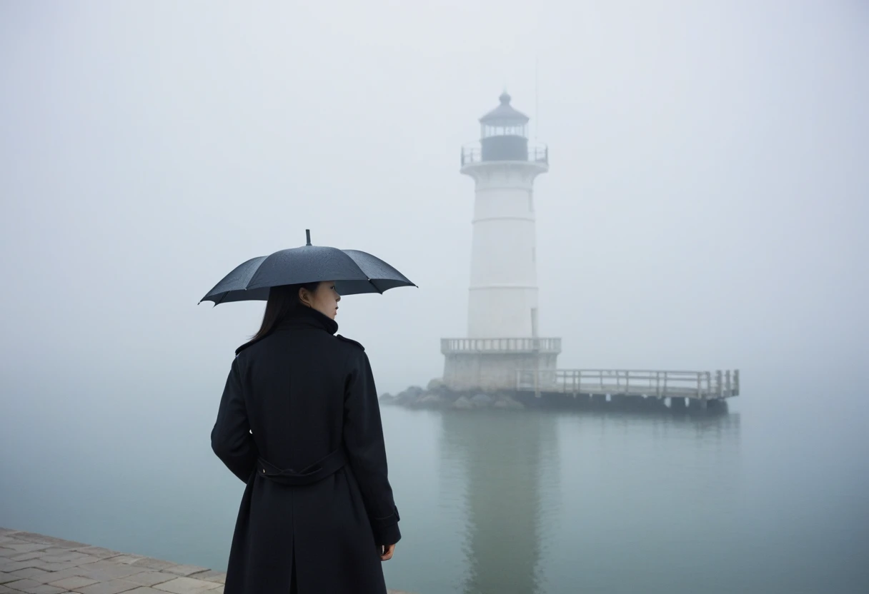 Beautiful 36 year old Korean woman, 짧은 middle 머리, Black coat, black umbrella, 멀리 Fog속 등대 불빛, cool,rain,blur,Fog,middle,cool,boring,,pier,only, A lighthouse seen very far away,darkness이 내리는 해안, The dim light shines in the Fog,and the figure stands in the Fog holding . Full body shot with Canon Camera 16-35 wide angle len, darkness, It's dark