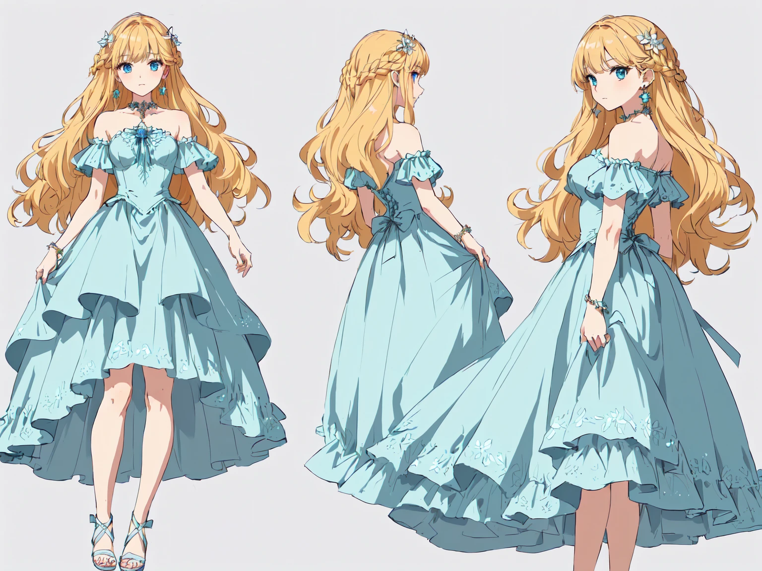 Closed legs, Man, main character, attractive appearance, elaborate details, elaborate poses, Masterpiece, Human girl, beautiful girl, girl, sweet girl, (blue eyes), bright blue eyes, yellow hair, blonde hair, blonde, long hair, wavy hair, anime style, 4k image, everything body, simple background, white background, list of characters. perfect face, red eyes. earrings. Details, Front view, Back view, Full-length, Dress, Fancy dress, Ball gown, Cute dress, Puffy dress, Dress with a very long skirt, Dress with a fluffy petticoat, Dress with gooseberries, Lace, light-colored dress, Long dress, Princess dress, Pre-made dress, Dress with a wide skirt, The Middle Ages, Fantasy, Anime. ((masterpiece, highest quality)), detailed face, full-length character design, many details, very detailed, deep, many angles, detailed faces.