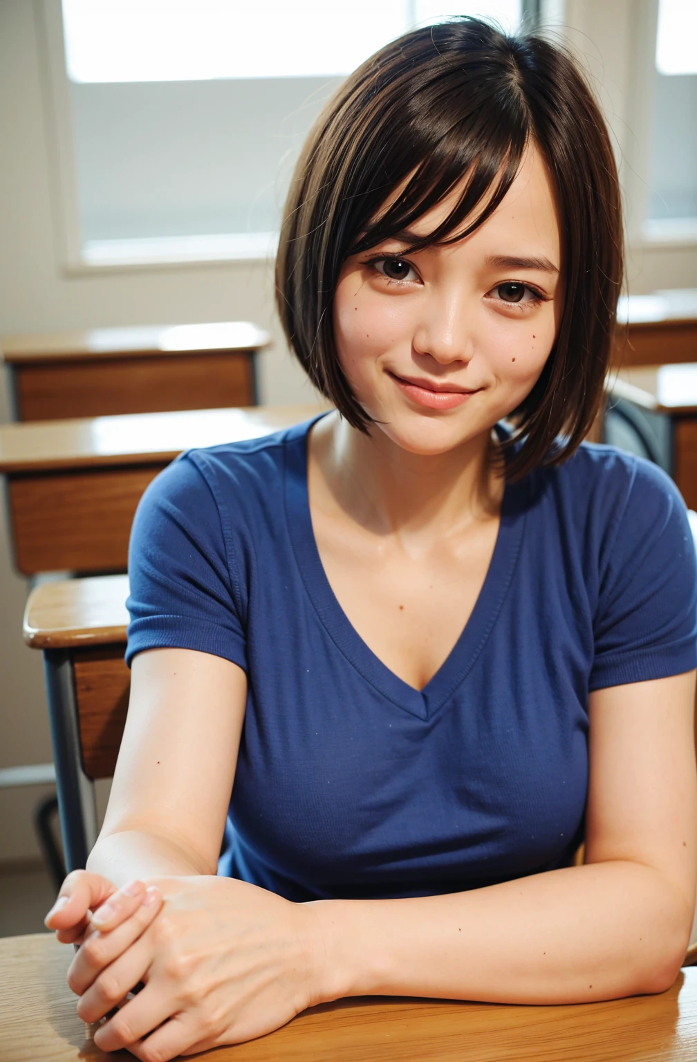 Top quality, 1 beautiful woman, super short hair, wearing , short sleeve shy-smile, Sunlight, at classroom,