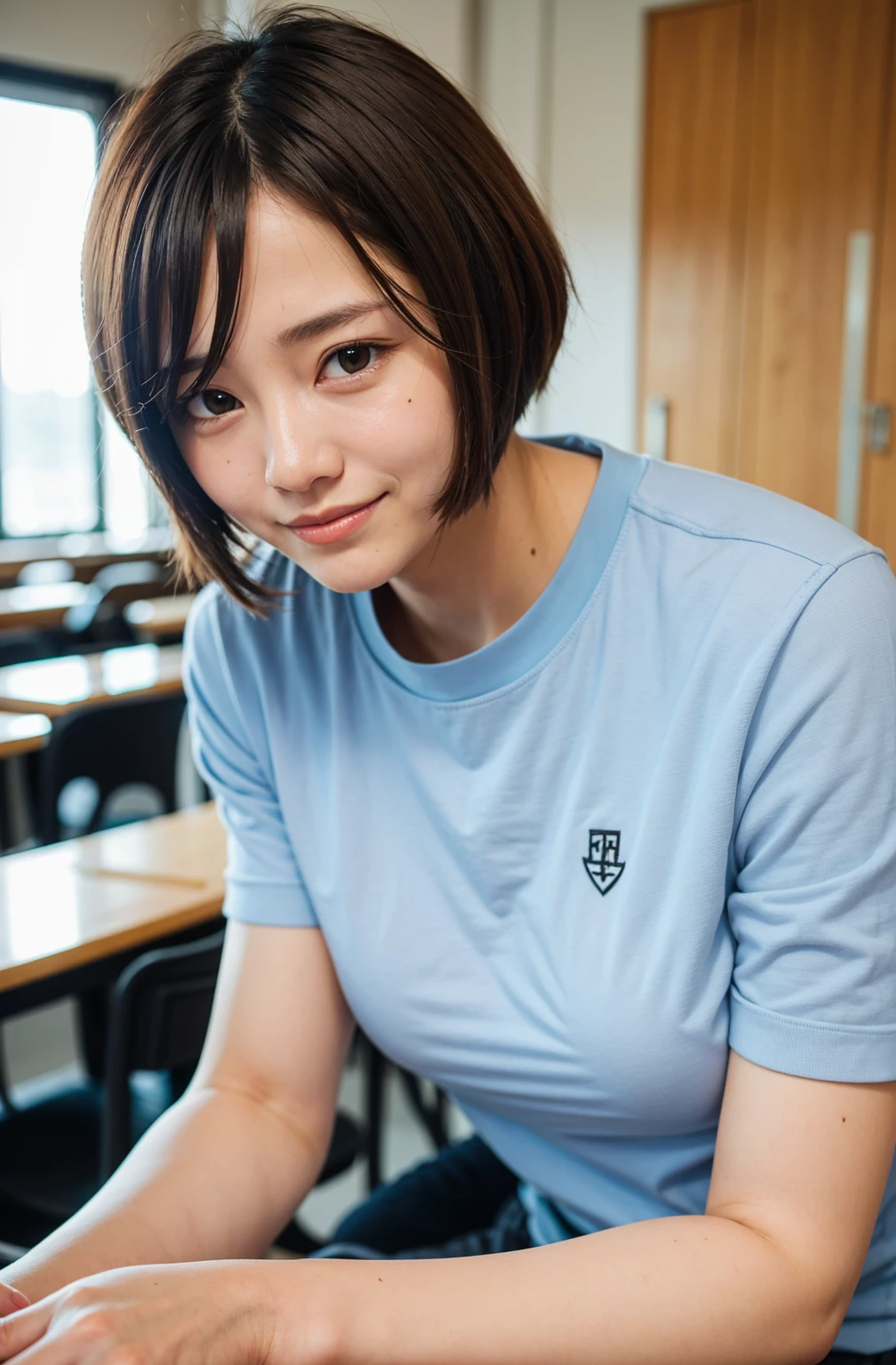 Top quality, 1 beautiful woman, super short hair, wearing , short sleeve shy-smile, Sunlight, at classroom, 