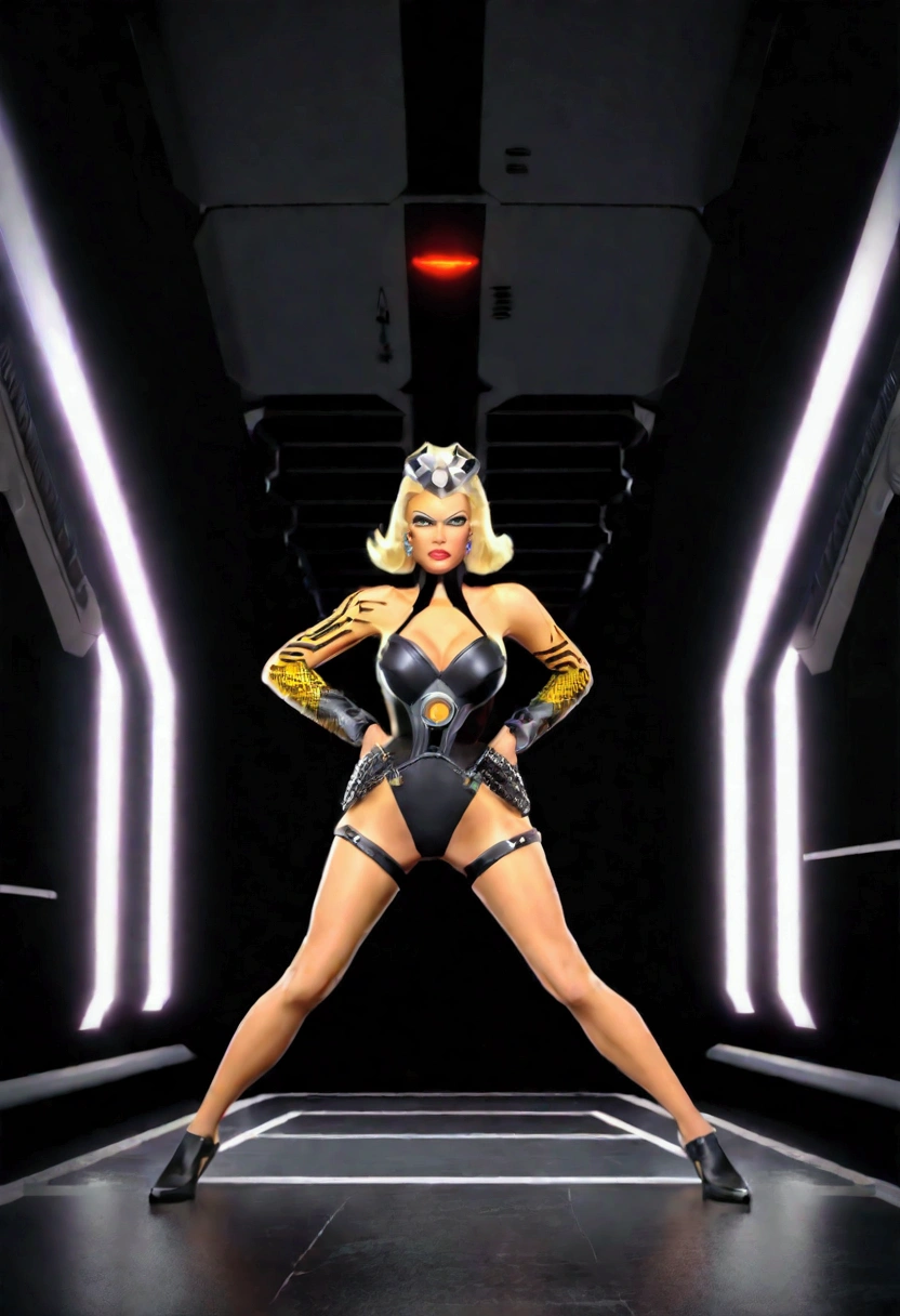 Jayne Mansfield, age 25, dark sith warrior, evil tattoos, yellow eyes, cybernetics, evil pose, exiting a sith space fighter, shuttle bay, full body portrait, show her from head to toe, show all of her, show her entire body(best quality,4k,8k,highres,masterpiece:1.2),ultra-detailed,(realistic,photorealistic,photo-realistic:1.37),cinematic lighting,dramatic lighting,chiaroscuro,dark moody atmosphere,sinister,menacing,evil,powerful,imposing,dramatic,epic