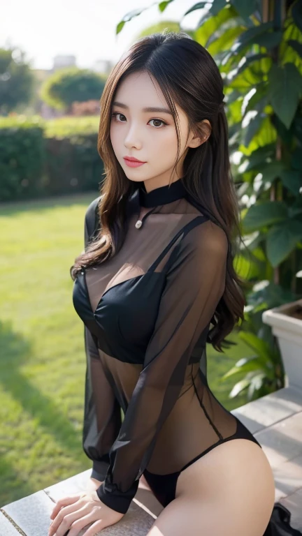 1 Girl,garden,Soft Light,Chinese Beauty,Tight Fit,Black sheer shirt,,Dark-haired,long hair