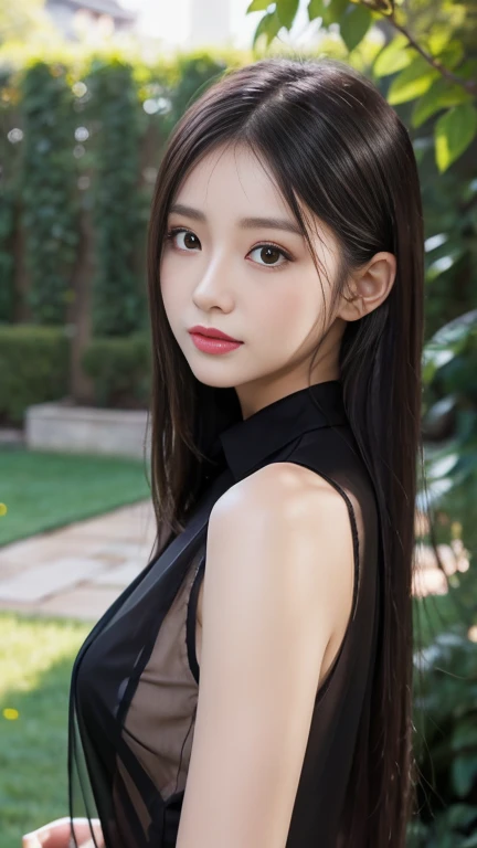 1 Girl,garden,Soft Light,Chinese Beauty,Tight Fit,Black sheer shirt,,Dark-haired,long hair