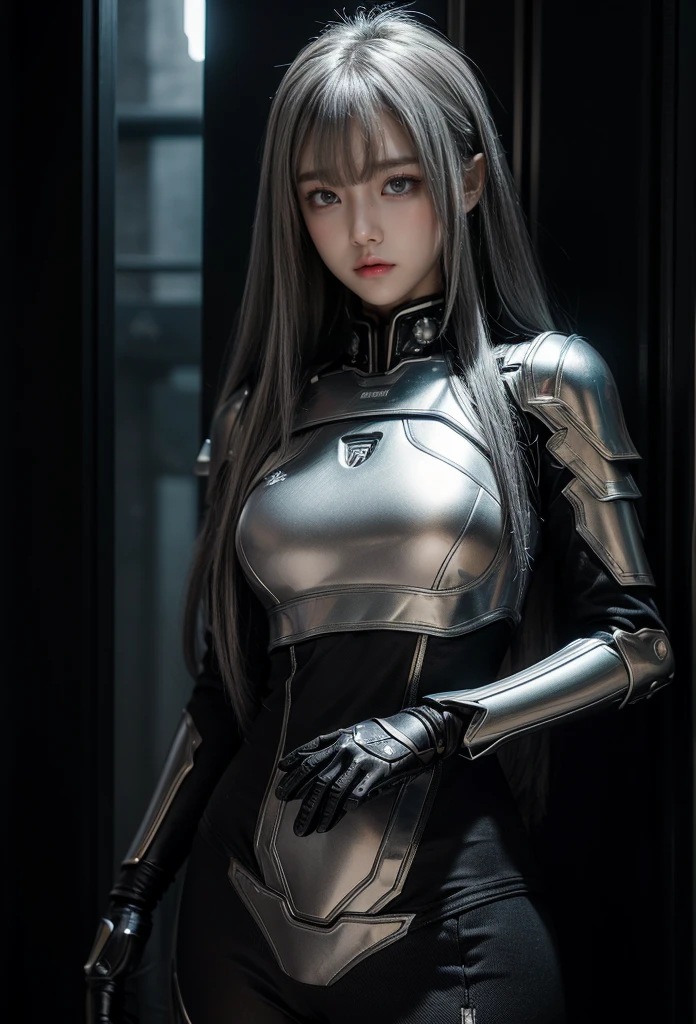 cyber angel,machine wing,{{Sci-Fi Armor}},cyber suit,cyberpunk,science fiction,cyber battle armor,Battledress,Military Uniforms,pants,black military uniform,whole body,Height: 168cm,almond shape eyes,{{{{{silver eyes}}}}},{{{{{dull bangs}}}}},(slanted eyes},{{whole body},{{{1 girl}}}, long hair, straight hair,{{{{silver hair}}}},{{{tsurime}}},30 years old,{Medium chest},{{bush}},silver eyes,{{{masterpiece}}}, {{{highest quality}}}, {{Super detailed}}, {shape}, {{very delicate and beautiful}},very detailed,detailed perfect,detailed hyper,Abundant thighs,big ass,black clothes