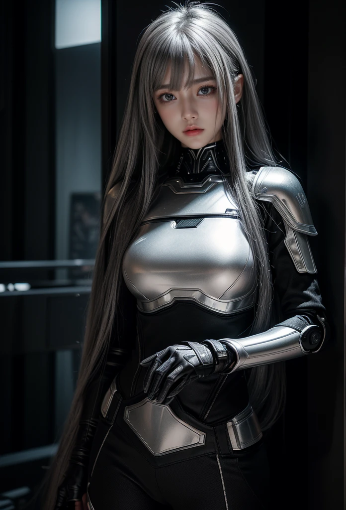 cyber angel,machine wing,{{Sci-Fi Armor}},cyber suit,cyberpunk,science fiction,cyber battle armor,Battledress,Military Uniforms,pants,black military uniform,whole body,Height: 168cm,almond shape eyes,{{{{{silver eyes}}}}},{{{{{dull bangs}}}}},(slanted eyes},{{whole body},{{{1 girl}}}, long hair, straight hair,{{{{silver hair}}}},{{{tsurime}}},30 years old,{Medium chest},{{bush}},silver eyes,{{{masterpiece}}}, {{{highest quality}}}, {{Super detailed}}, {shape}, {{very delicate and beautiful}},very detailed,detailed perfect,detailed hyper,Abundant thighs,big ass,black clothes