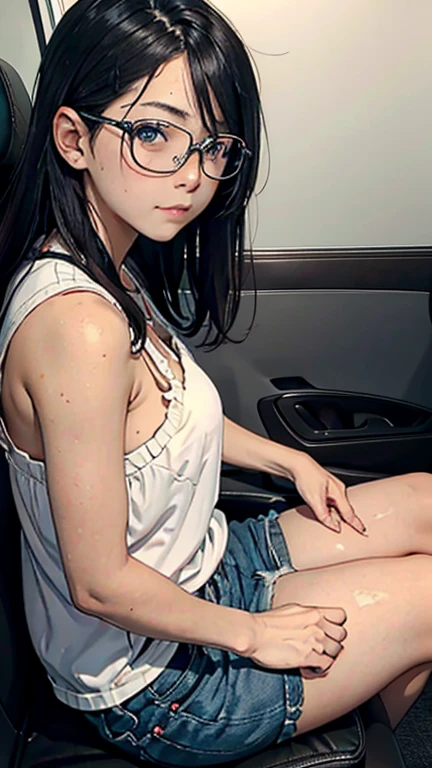 There is a woman sitting on the floor with her legs crossed..., Wearing glasses, Japanese Model, Wearing glasses on, Wearing square glasses, Young and sexy gravure idol, Yasumoto Oka, Genuine young gravure idol, Without glasses, Yoshitomo Nara, Aoi Ogata, Wearing glassesいる, Surreal,Provocative,((Beautiful Skin)),((Skin Texture)),((Real Touch)), healthy, unreddish skin, Cute freckles on the cheeks,Mole under left eye,