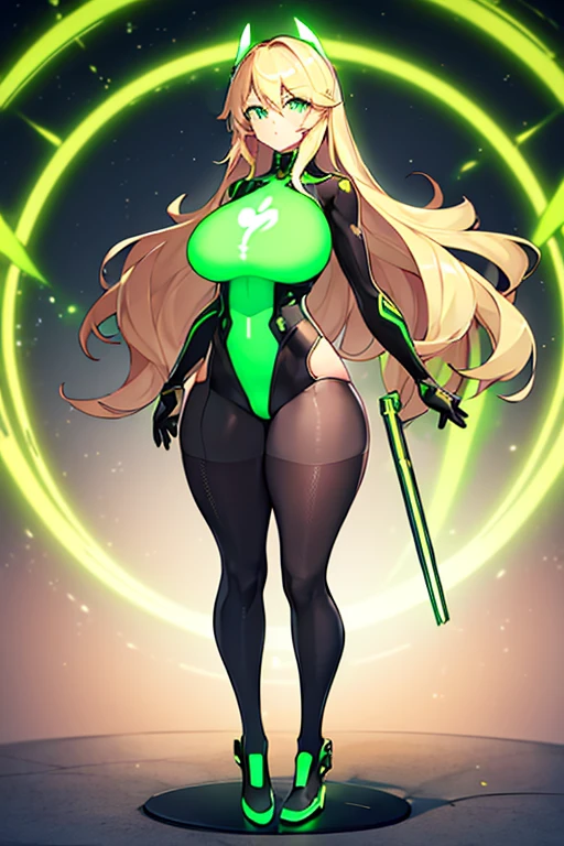 1girl, green eyes, blonde hair, long hair, large breasts, hourglass figure, bodysuit, white bodysuit, neon, neon trim, machinery, tech, science-fiction, futuristic, serious, standing, full body, ((full body)),, pantyhose, black pantyhose, wavy hair,