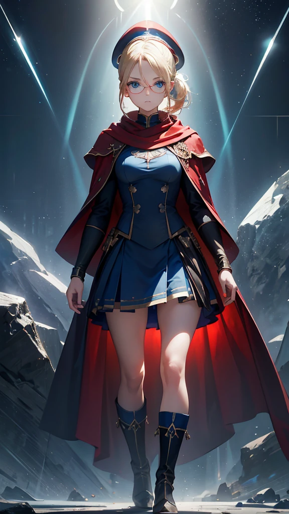 Best quality, Ultra detailed, best quality, insanely detailed, beautiful, masterpiece, 8k, 
break  
Lens Flare,night sky, Streaks of Light,refraction Glowing white lines ,Crossing Light,Shining Background, light particles
break 
crystal trees,
break 
1lady, blonde hair, medium hair, forehead, slicked back hair , high ponytail, red Beret, blue Scarf ,blue Compression Shirt, blue eye glasses,  blue eyes, ultra detailed eyes, blue sheath skirt, mini skirt, (red inside  cloak:1.2) long cloak,blue boots, full body, portlait, (stare at viewer:1.5),