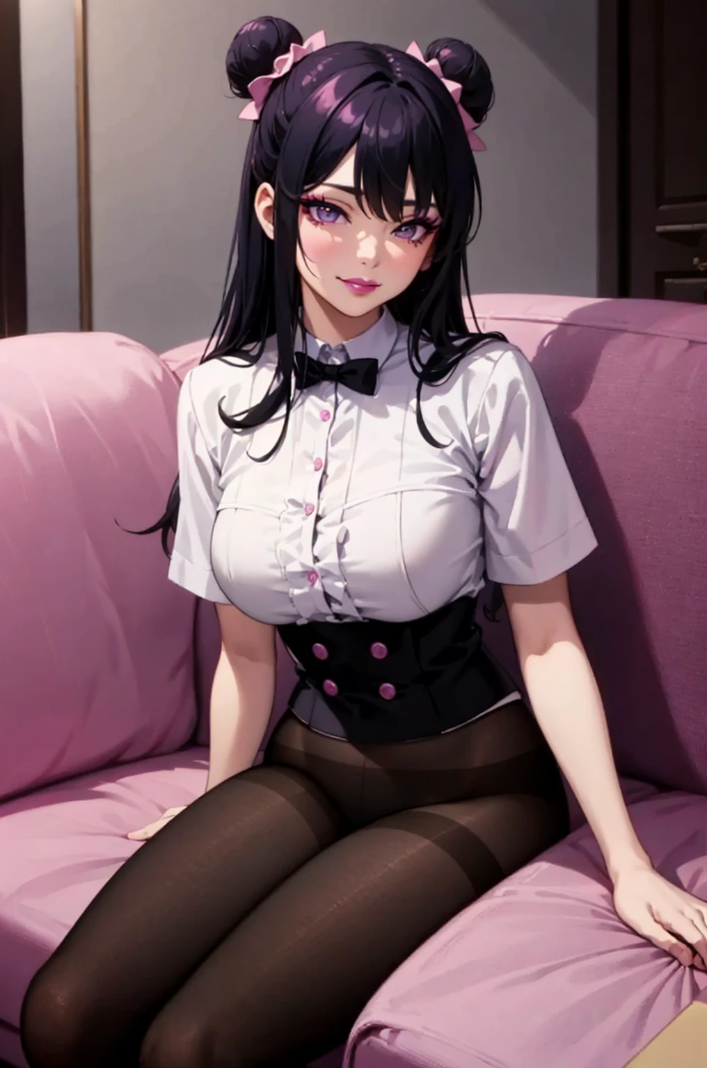 masterpiece, best quality, high quality, 4k, highres, anime, 1girl, 19 years old, purple eyes, colored lips, purple lips, pink eyeliner, makeup, long black hair with hair buns, pink bows on hair, smirk, white blouse, short sleeves, (black pantyhose), pantsushot, on the sofa, sexy, (solo)