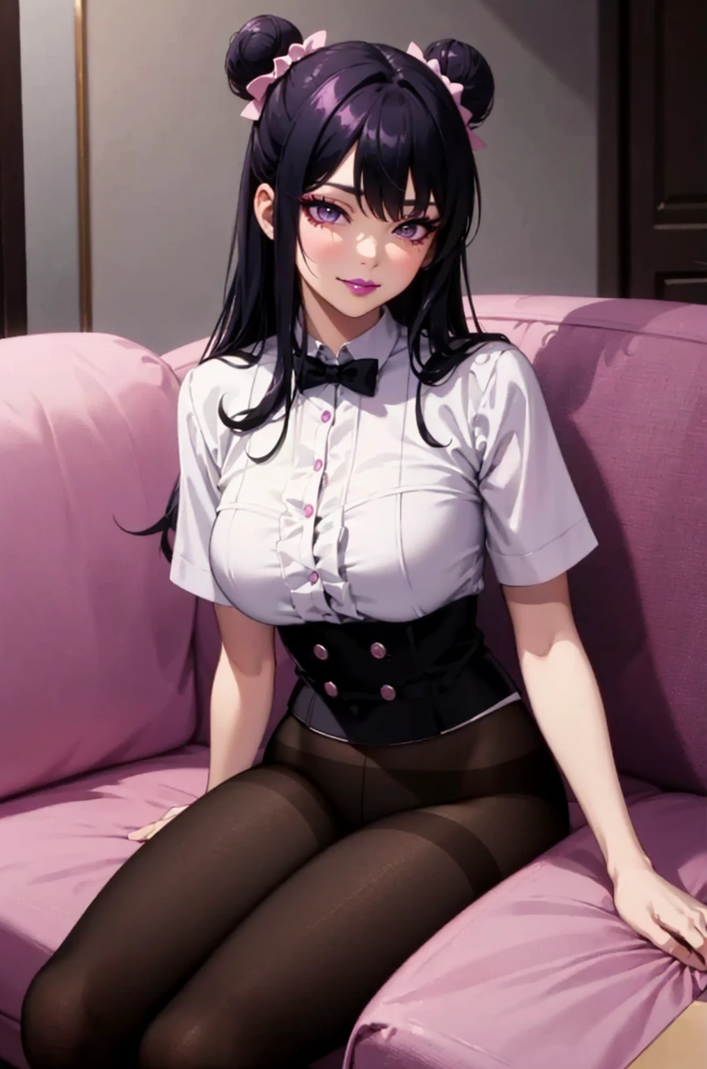 masterpiece, best quality, high quality, 4k, highres, anime, 1girl, 19 years old, purple eyes, colored lips, purple lips, pink eyeliner, makeup, long black hair with hair buns, pink bows on hair, smirk, white blouse, short sleeves, (black pantyhose), pantsushot, on the sofa, sexy, (solo)