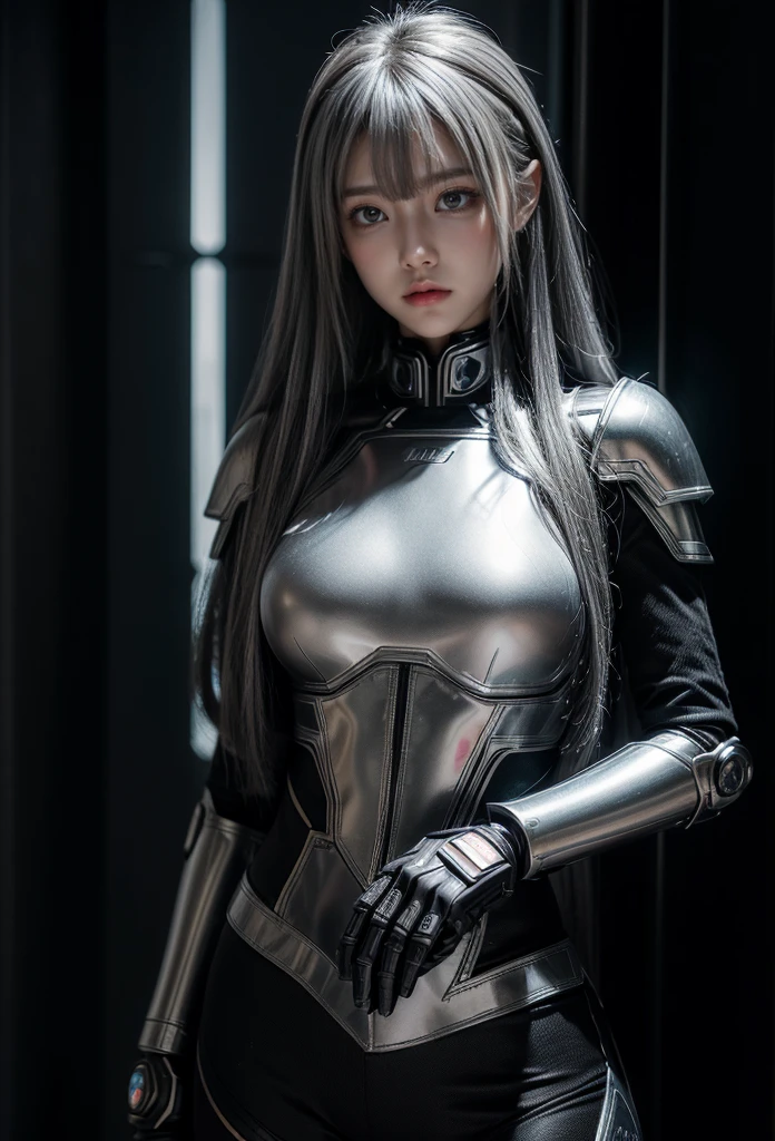 cyber angel,machine wing,{{Sci-Fi Armor}},cyber suit,cyberpunk,science fiction,cyber battle armor,Battledress,Military Uniforms,pants,black military uniform,whole body,Height: 168cm,almond shape eyes,{{{{{silver eyes}}}}},{{{{{dull bangs}}}}},(slanted eyes},{{whole body},{{{1 girl}}}, long hair, straight hair,{{{{silver hair}}}},{{{tsurime}}},30 years old,{Medium chest},{{bush}},silver eyes,{{{masterpiece}}}, {{{highest quality}}}, {{Super detailed}}, {shape}, {{very delicate and beautiful}},very detailed,detailed perfect,detailed hyper,Abundant thighs,big ass,black clothes