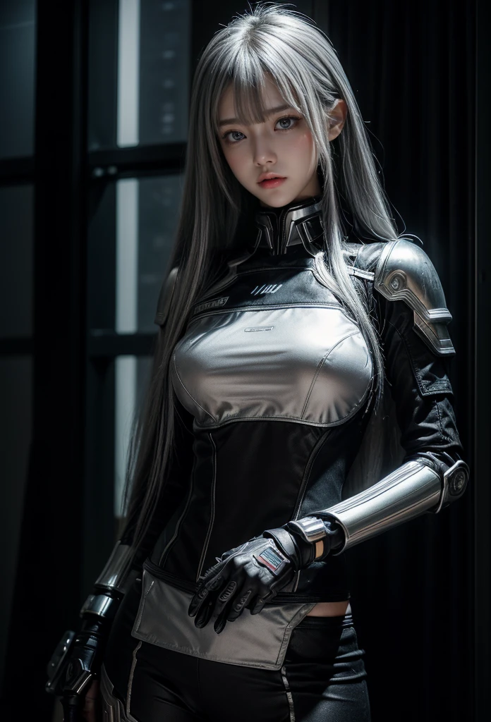 cyber angel,machine wing,{{Sci-Fi Armor}},cyber suit,cyberpunk,science fiction,cyber battle armor,Battledress,Military Uniforms,pants,black military uniform,whole body,Height: 168cm,almond shape eyes,{{{{{silver eyes}}}}},{{{{{dull bangs}}}}},(slanted eyes},{{whole body},{{{1 girl}}}, long hair, straight hair,{{{{silver hair}}}},{{{tsurime}}},30 years old,{Medium chest},{{bush}},silver eyes,{{{masterpiece}}}, {{{highest quality}}}, {{Super detailed}}, {shape}, {{very delicate and beautiful}},very detailed,detailed perfect,detailed hyper,Abundant thighs,big ass,black clothes