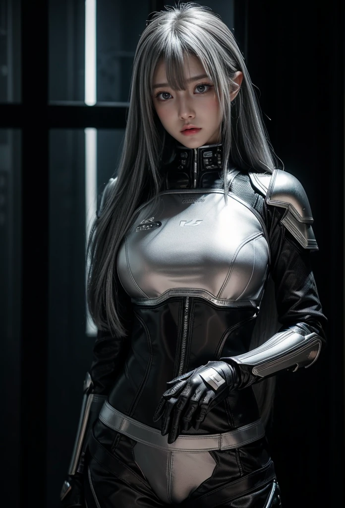cyber angel,machine wing,{{Sci-Fi Armor}},cyber suit,cyberpunk,science fiction,cyber battle armor,Battledress,Military Uniforms,pants,black military uniform,whole body,Height: 168cm,almond shape eyes,{{{{{silver eyes}}}}},{{{{{dull bangs}}}}},(slanted eyes},{{whole body},{{{1 girl}}}, long hair, straight hair,{{{{silver hair}}}},{{{tsurime}}},30 years old,{Medium chest},{{bush}},silver eyes,{{{masterpiece}}}, {{{highest quality}}}, {{Super detailed}}, {shape}, {{very delicate and beautiful}},very detailed,detailed perfect,detailed hyper,Abundant thighs,big ass,black clothes