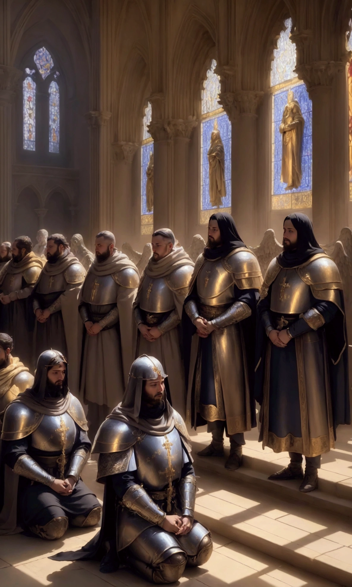 (best quality,4k,8k,highres,masterpiece:1.2),ultra-detailed,(realistic,photorealistic,photo-realistic:1.37),angels,angels of God,divine angels,glowing angelic figures,heavenly beings,ethereal radiant figures,flowing divine robes,celestial light,dramatic lighting,serene expression,tranquil poses,spiritual transcendence,religious iconography,sacred geometry,ornate golden accents,Renaissance painting style