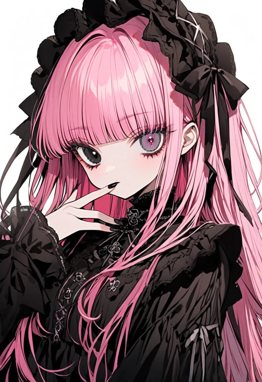 Pink Hair、Long Hair、black eye、Wearing large colored contact lenses、Neat bangs、Black ta Clothing、Large silver ribbon、girl、Black nails、White background
