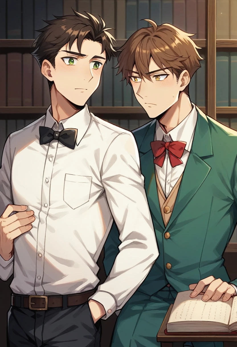 “Create a book cover featuring Hazel Hartmann and Ethan Beauchard. Hazel is a with long chocolate brown hair and almond-shaped amber eyes., wearing a classic and elegant school uniform. Ethan is an 18 year old young man, Cao Cao, with dark hair and striking green eyes, also wearing a fancy . Place them close to each other, with a visible tension between them, suggesting an intense connection. Ao fundo, include a full bookshelf, reflecting the academic and sophisticated environment. The design should capture the dynamics between the characters and the atmosphere of the story.”
