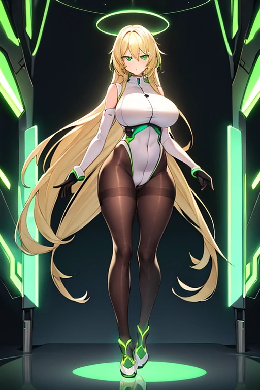 1girl, green eyes, blonde hair, long hair, large breasts, hourglass figure, bodysuit, white bodysuit, neon, neon trim, machinery, tech, science-fiction, futuristic, serious, standing, full body, ((full body)), pantyhose, black pantyhose, wavy hair