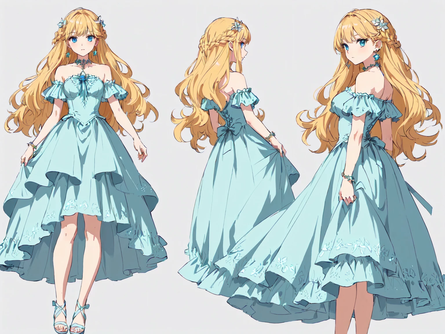 Closed legs, Man, main character, attractive appearance, elaborate details, elaborate poses, Masterpiece, Human girl, beautiful girl, girl, sweet girl, (blue eyes), bright blue eyes, yellow hair, blonde hair, blonde, long hair, wavy hair, anime style, 4k image, everything body, simple background, white background, list of characters. perfect face, red eyes. earrings. Details, Front view, Back view, Full-length, Dress, Fancy dress, Ball gown, Cute dress, Puffy dress, Dress with a very long skirt, Dress with a fluffy petticoat, Dress with gooseberries, Lace, light-colored dress, Long dress, Princess dress, Pre-made dress, Dress with a wide skirt, The Middle Ages, Fantasy, Anime. ((masterpiece, highest quality)), detailed face, full-length character design, many details, very detailed, deep, many angles, detailed faces.