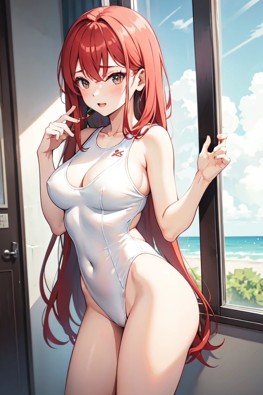high school girl,Lewd,White swimsuit,Light red hair,Sexy pose,