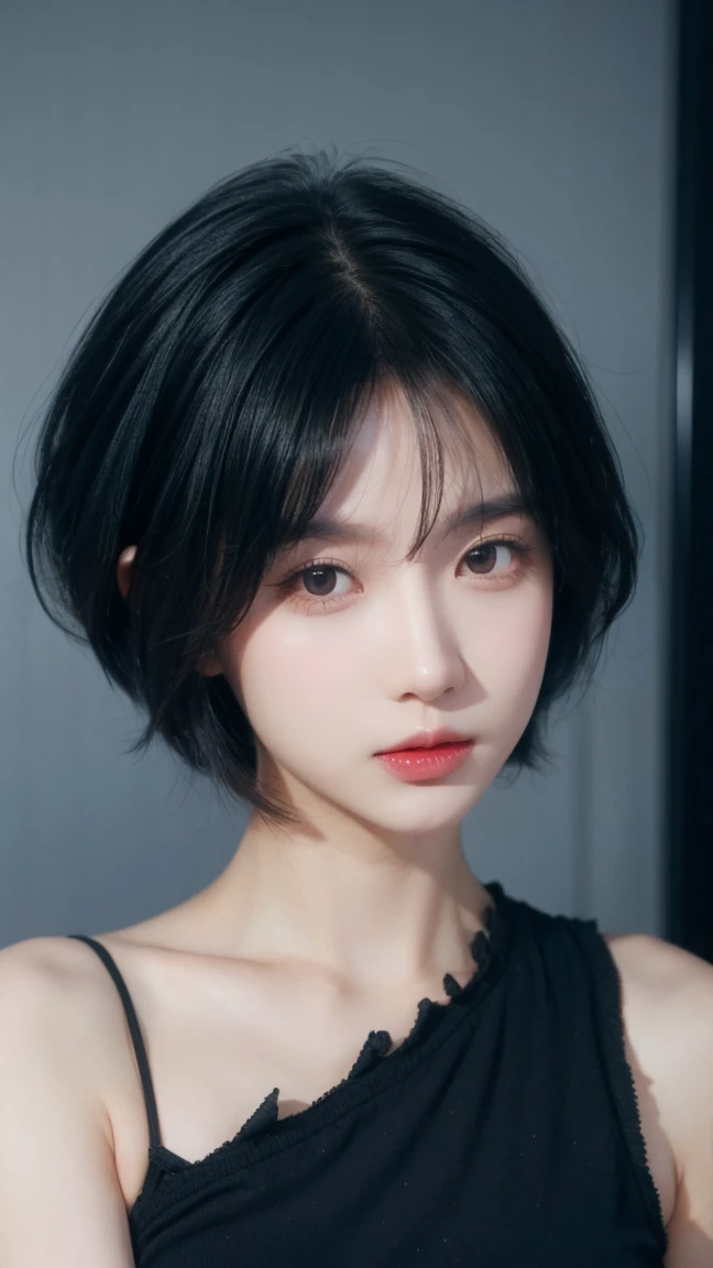 Best Quality, 1 girl, dark blue hair, black eyes, very short hair, spiky hair, don't wear any clothes, 171cm, messy hair, hair between the eyes, tomboy, adult, 20 years, A sweet girl by the mountain, that has a lot of buttocks and chichis.