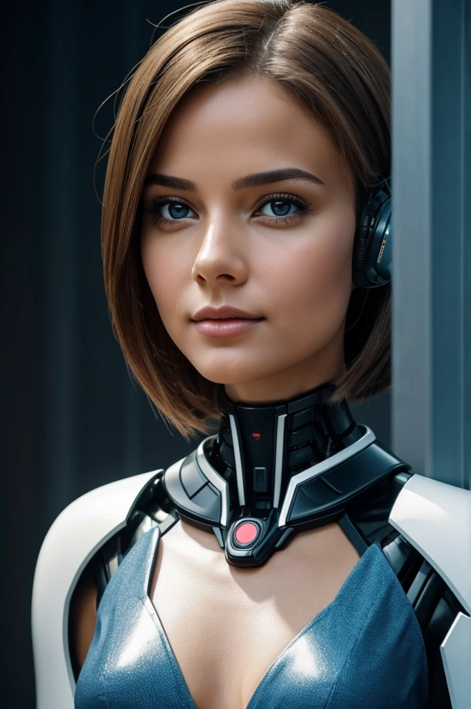Image of artificial intelligence in the physical body of a beautiful woman of European appearance,looking straight ahead, - deep and penetrating,understanding and ironic,with a gentle glance.