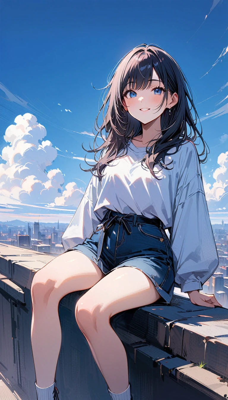 (masterpiece, best quality:1.2), 1 very beautiful girl, alone, Happy expression while sitting on a railing on the roof of a very tall building and looking up at the camera, whole body, Beauty of blue sky full of white clouds, simple background, Nizi 5,