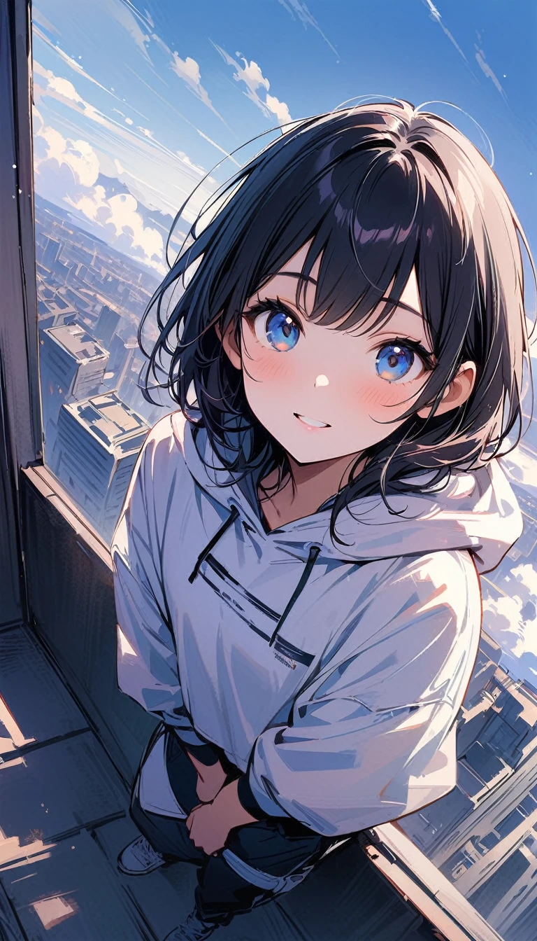 (masterpiece, best quality:1.2), 1 very beautiful girl, alone, Happy expression while sitting on a railing on the roof of a very tall building and looking up at the camera, whole body, Beauty of blue sky full of white clouds, simple background, Nizi 5,