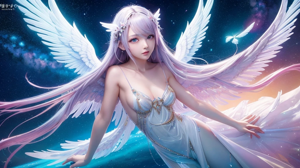 1920×1080、Like the picture、Real、Wrapped in the dazzling light of the sky、眩Shiiほどの光、god々Shii、美Shii、Fantasy、Spreading its large wings、cute、Beauty、Adult female、Please create an image of a big-eyed angel.