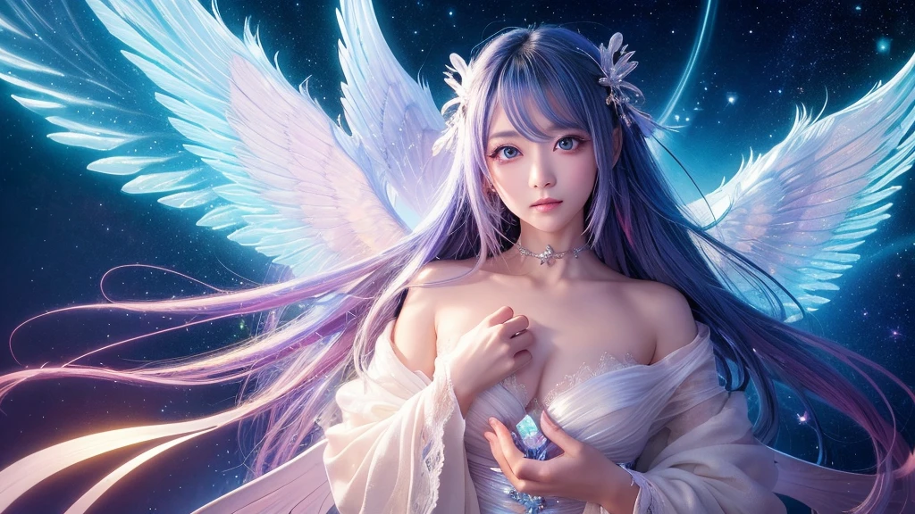 1920×1080、Like the picture、Real、Wrapped in the dazzling light of the sky、眩Shiiほどの光、god々Shii、美Shii、Fantasy、Spreading its large wings、cute、Beauty、Adult female、Please create an image of a big-eyed angel.
