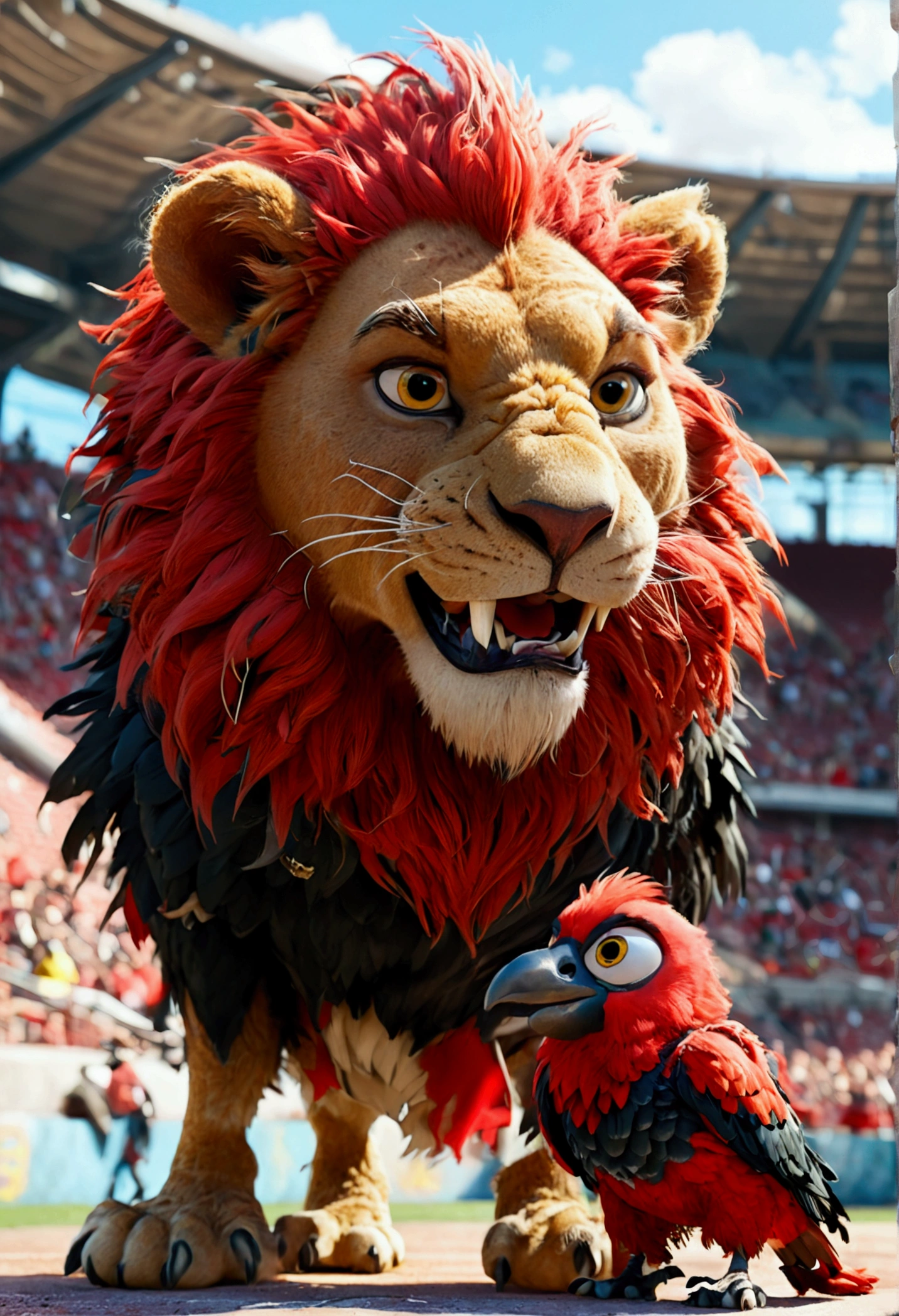 Banner for a film with the text "Fortaleza" (Disney pixar style), A large Lion intimidating a vulture, full body, wide shot, football mascot, a football mascot as a little vulture afraid, with t-shirt red and black afraid of the lion, football stadium in the background