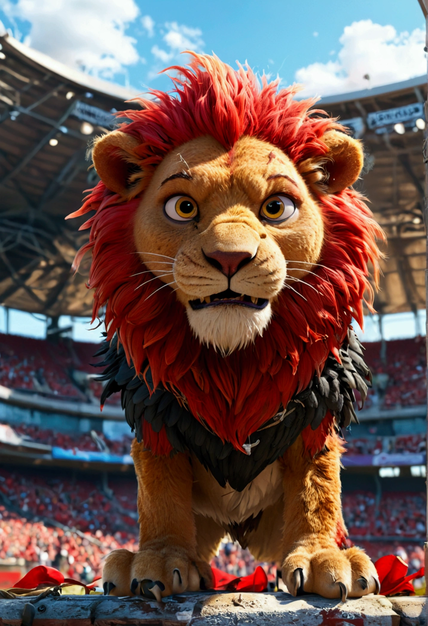 Banner for a film with the text "Fortaleza" (Disney pixar style), A large Lion intimidating a vulture, full body, wide shot, football mascot, a football mascot as a little vulture afraid, with t-shirt red and black afraid of the lion, football stadium in the background
