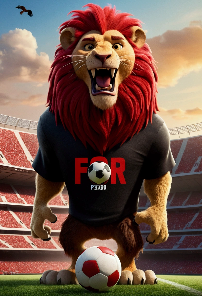 Banner for a film with the text "Fortaleza" (Disney pixar style), A large Lion intimidating a vulture, full body, wide shot, football mascot, a football mascot as a little vulture afraid, with t-shirt red and black afraid of the lion, football stadium in the background