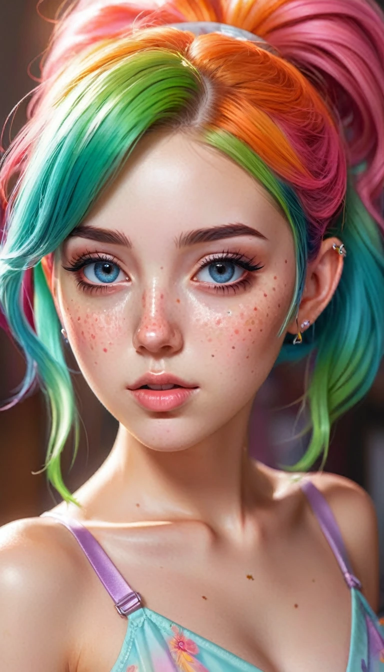 ((ultra detailed)),((Bright eyes)), (Detailed eyes), 8k, blink blink, (The Little Faux Freckles Makeupgirl), ((realistic skin)), ((focus detailed 2 straps on the shoulders of dress)) , ((shiny facial skin)), with colorful hair and a colorful dress, rossdraws pastel vibrant, rossdraws cartoon vibrant, style anime 8k, beautiful portrait, artgerm colorful!!!, ! dream artgerm, beautiful anime girl, styled digital art, art wallpaper 8k, digital art, extremely detailed artgerm,((( tattoos)))