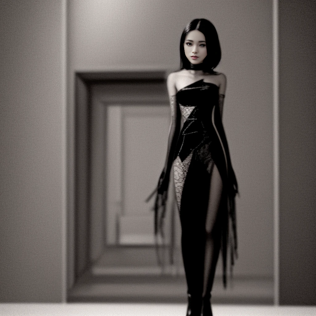 A mesmerizing digital painting of an anthropomorphic woman, inspired by the artistry of Nicola Samori, captures her shy yet confident demeanor. Standing proudly, she showcases her playful pose, wearing striking, bold boots that contrast her delicate features. Her round, expressive eyes hold the viewer's attention, and her modesty is juxtaposed against the intricate, mixed media textured backdrop. The background features patterns that create a striking contrast to her cute and ethereal appearance. The piece is further enhanced by backlighting, and the masterful use of fine ink rendering and dry watercolor effects accentuates the sharp outlines and delicate details.