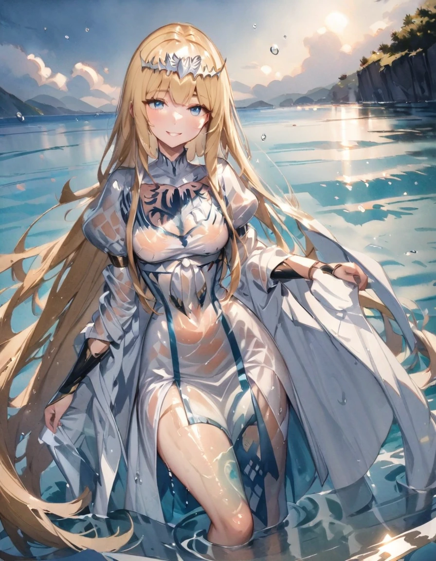 Top quality, masterpiece, watercolor painting, glowing water drops, double exposure, swimming in the sea, splashes, best smile, light reflections on the water surface, 1girl,solo, calca, blonde hair, ,( extremely long hair), very long hair, extra long hair, white tiara, white dress, blue eyes,Calca Bessarez, medium breast,Calca, wet, see-through outfit