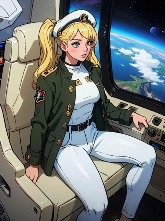 ((Masterpiece)), ((Highest Image Quality)), (((Best Quality)), (Illustration of One Girl), Full Body, 25 Years Old, (Neutral)), ((Blonde Twin Tails)), Light Golden Eyes, (Tall)), (Muscular Strong Body)), ((Muscular and Thick Body)), ((Muscular, Thick Legs spreading)), Open Legs, (((Army Uniform)), (Army Hat)), (((Army Coat)), (white clothes), (white pants), (white hat), trench coat, ((inside the spaceship, sitting in the captain's seat)), (outside the window, space, Earth seen from space, spaceport)