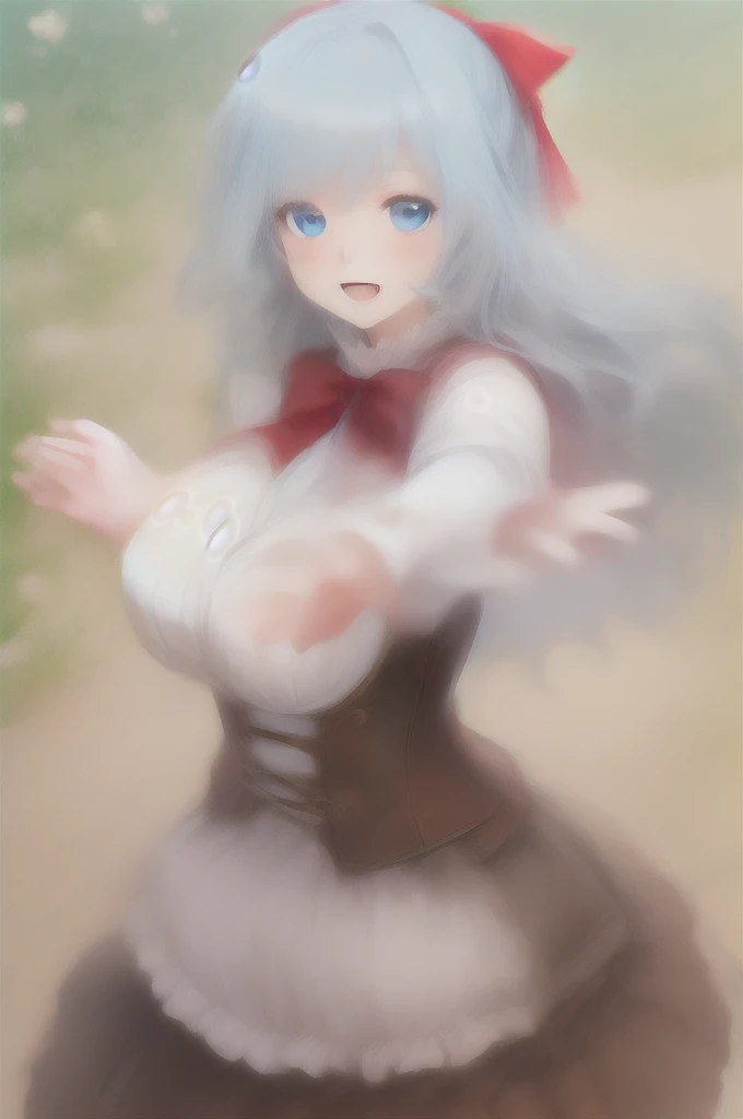 (masterpiece,best quality,8k,beautiful and aesthetic:1.2),
solid-best-physical-appearance-perfect::2,
cosplay,(HUGE BREASTS:1.3),wind,(floating hair:1.2),PERFECTEYES EYES,narrow_waist,slender,skinny,(dynamic_angle),(sexy posture),
SGLISELOTTE,BLUE EYES,BLUE HAIR,SIDELOCKS,LONG HAIR,
full-face blush,blush,smile,open mouth,
RED BOW,HAIR BOW,RED BOWTIE,(WHITE CAPELET:1.3),BROWN CORSET,LONG SLEEVES,(brown skirt),
standing,(leaning_forward:0.8),hug,reaching towards viewer,stretch out your hands forward,outstretched arms,
(garden field:1),