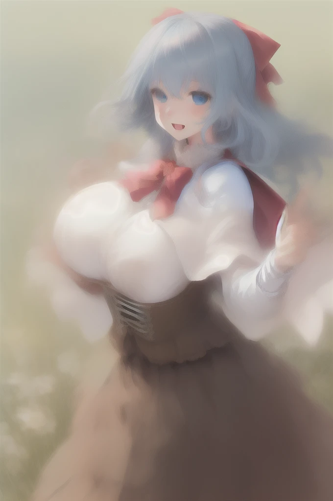 (masterpiece,best quality,8k,beautiful and aesthetic:1.2),
solid-best-physical-appearance-perfect::2,
cosplay,(HUGE BREASTS:1.3),wind,(floating hair:1.2),PERFECTEYES EYES,narrow_waist,slender,skinny,(dynamic_angle),(sexy posture),
SGLISELOTTE,BLUE EYES,BLUE HAIR,SIDELOCKS,LONG HAIR,
full-face blush,blush,smile,open mouth,
RED BOW,HAIR BOW,RED BOWTIE,(WHITE CAPELET:1.3),BROWN CORSET,LONG SLEEVES,(brown skirt),
standing,(leaning_forward:0.8),hug,reaching towards viewer,stretch out your hands forward,outstretched arms,
(garden field:1),
